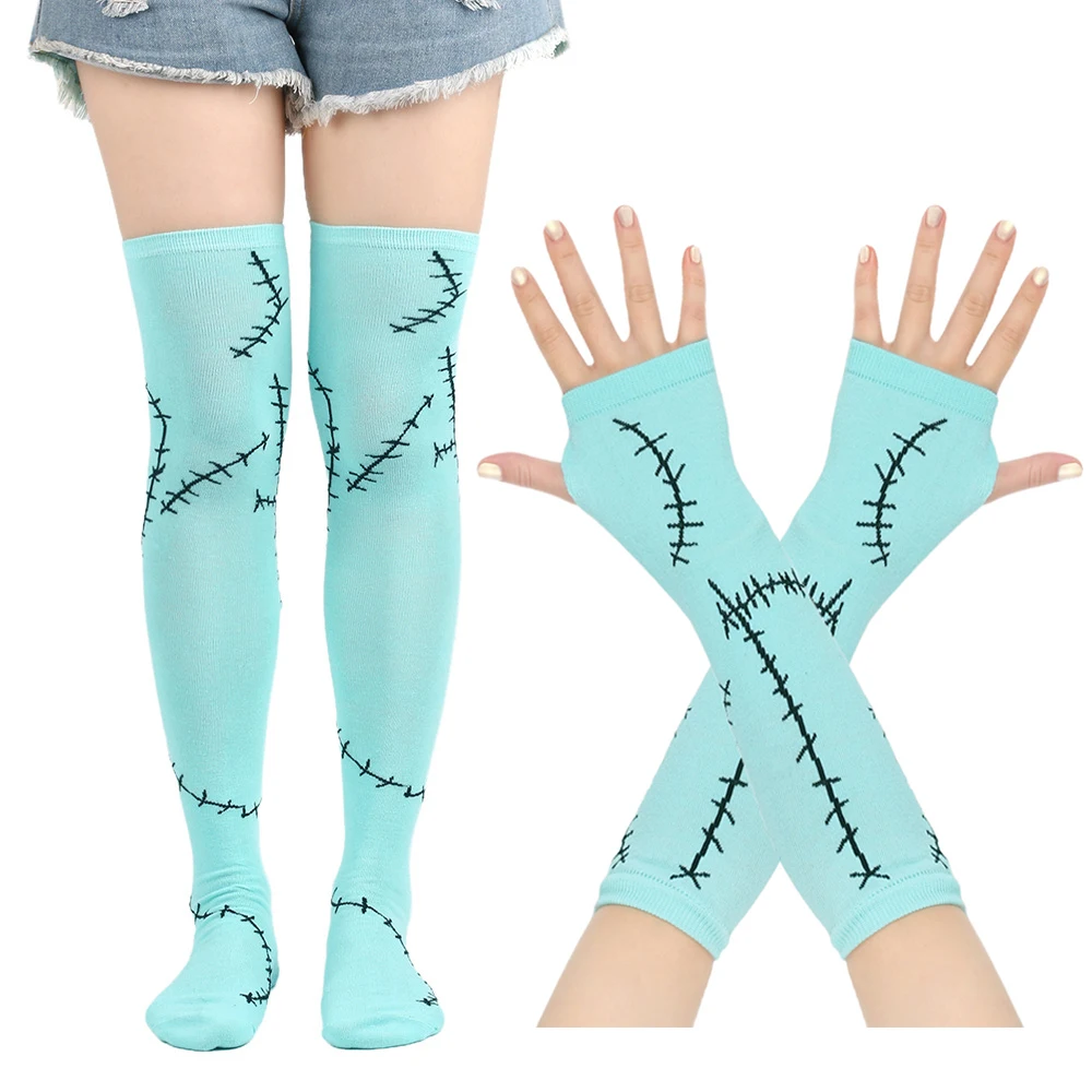 Movie Sally Cosplay Gloves Socks Zombie Suture Long Fingerless Gloves Elbow Mittens Stockings Set Halloween Costume Prop