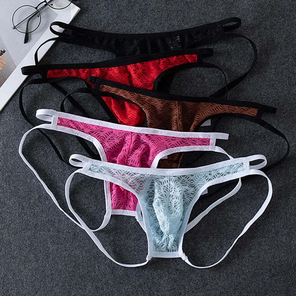 Hollow Lace Men G-String For Bedroom For Roleplay Black,Red,Rose Red,Coffee,Blue Lace Hollow Design Convex Pouch Sheer Fabric