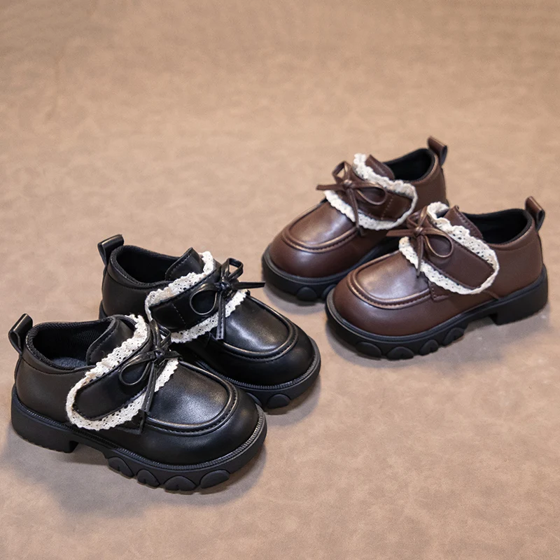 

2025 New Children's Fashion Shoes Bow Lace Girls Single Shoes Versatile Kids Loafers Girls Leather Shoes Детская Обувь