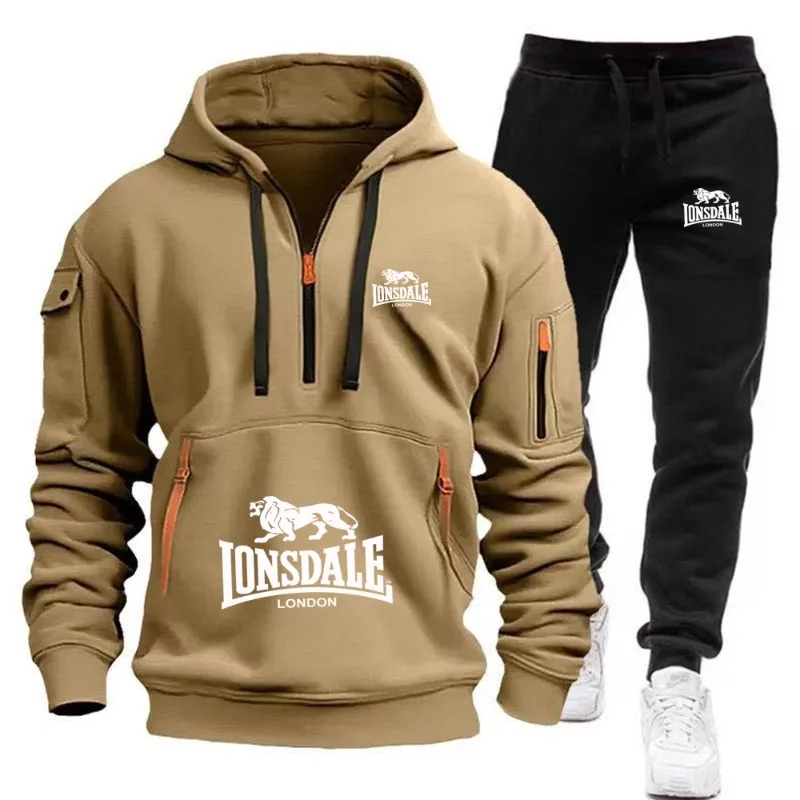 LONSDALE Men's Kangaroo Pocket Hoodie Set 2026 New Autumn Winter Fleece Sweatshirt + Sports Pants 2 Piece Tracksuit Casual Fitne view 5