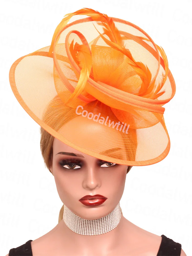 Tocado de pastillero de malla naranja, sombrero de boda para mujer, tocado de carrera de Iglesia, gorra de sombrerería de fiesta de Ascot real, tocado de cóctel para mujer