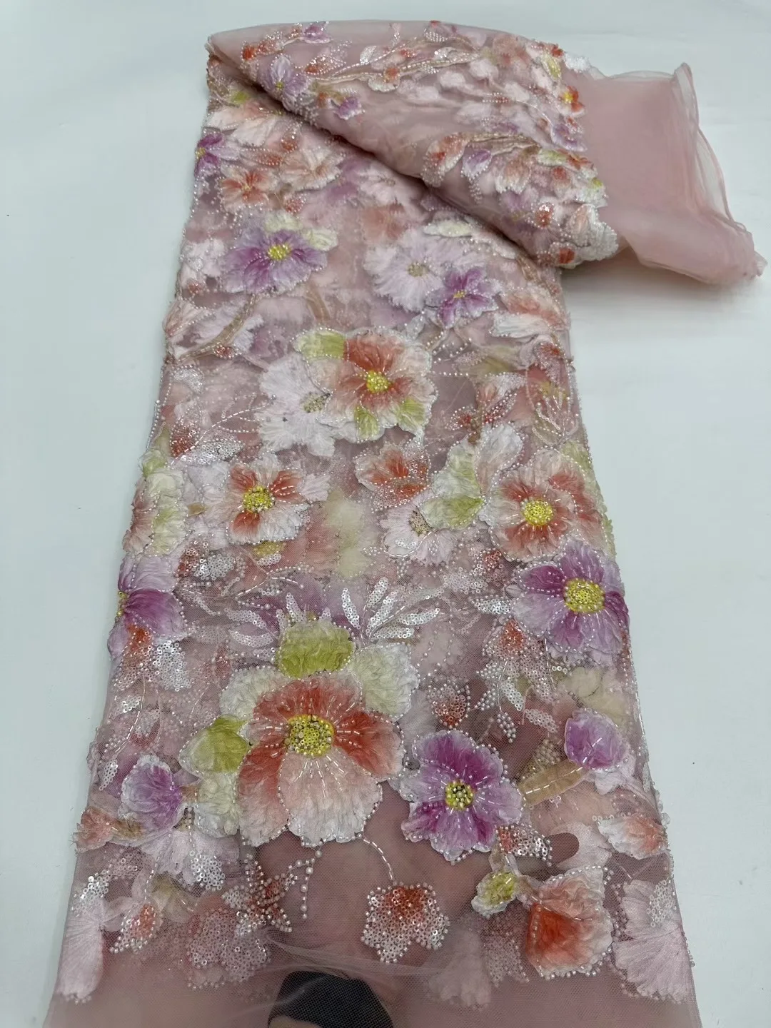 5 Yards African Lace Fabric 2025 High Quality French 3D Flower Sequins Embroidery Beads Tulle Lace Fabric For Party Dress