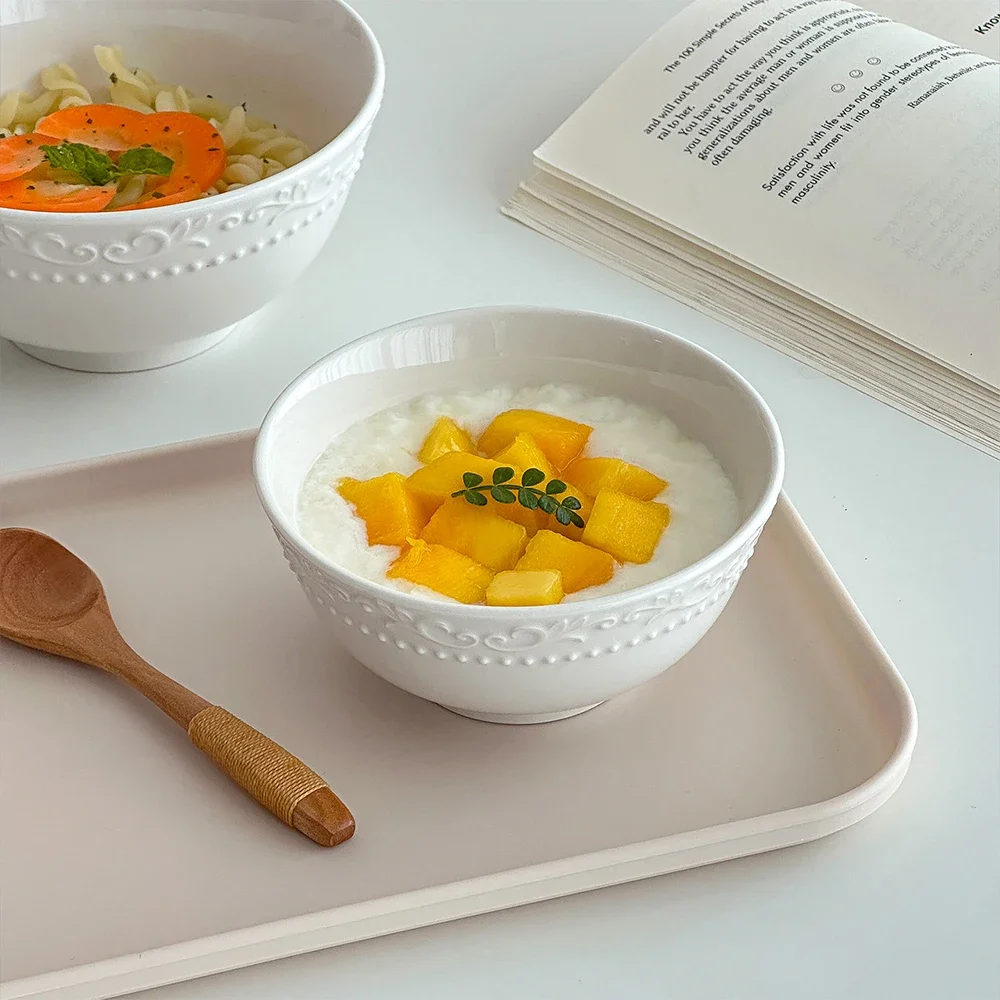 Porcelain Bowl French Style Creative Relief Round Ceramic Household Tableware Breakfast Milk Oats Yogurt Fruit Dessert Bowls