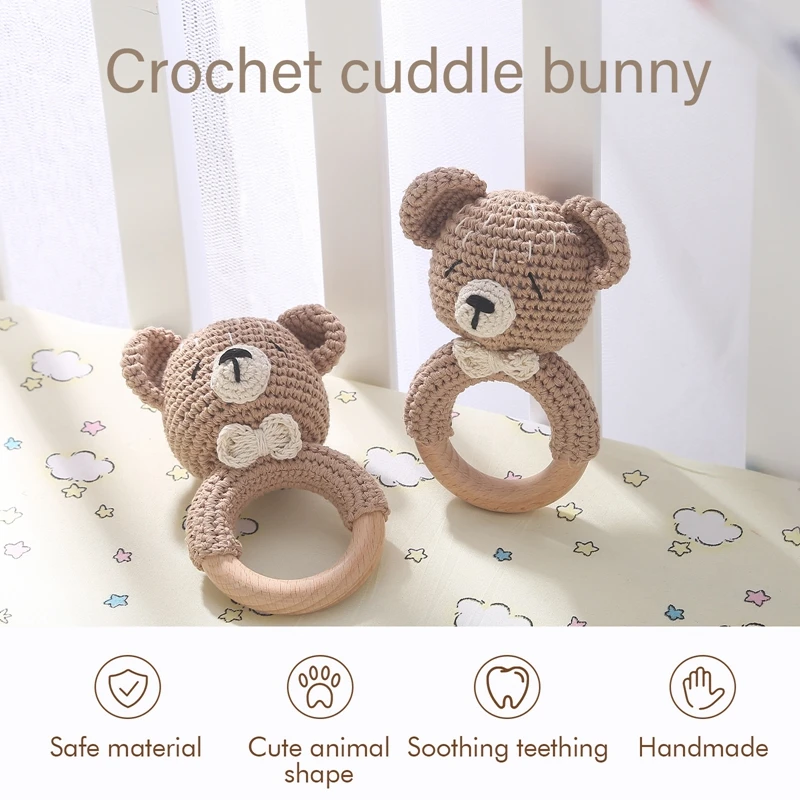 1Pc Baby Wooden Rattle Toys Wooden Teether Ring Crochet Rabbit Music Rattles Soother Bracelet Toddler Toys For Children's Gift