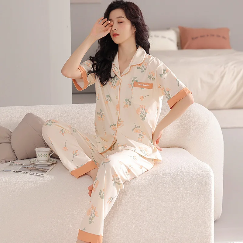 

Summer Women's Thin Pure Cotton Pajamas Lapel Short Sleeve Cardigan Pants Oversized Loose Fitting Casual Home Clothing Set