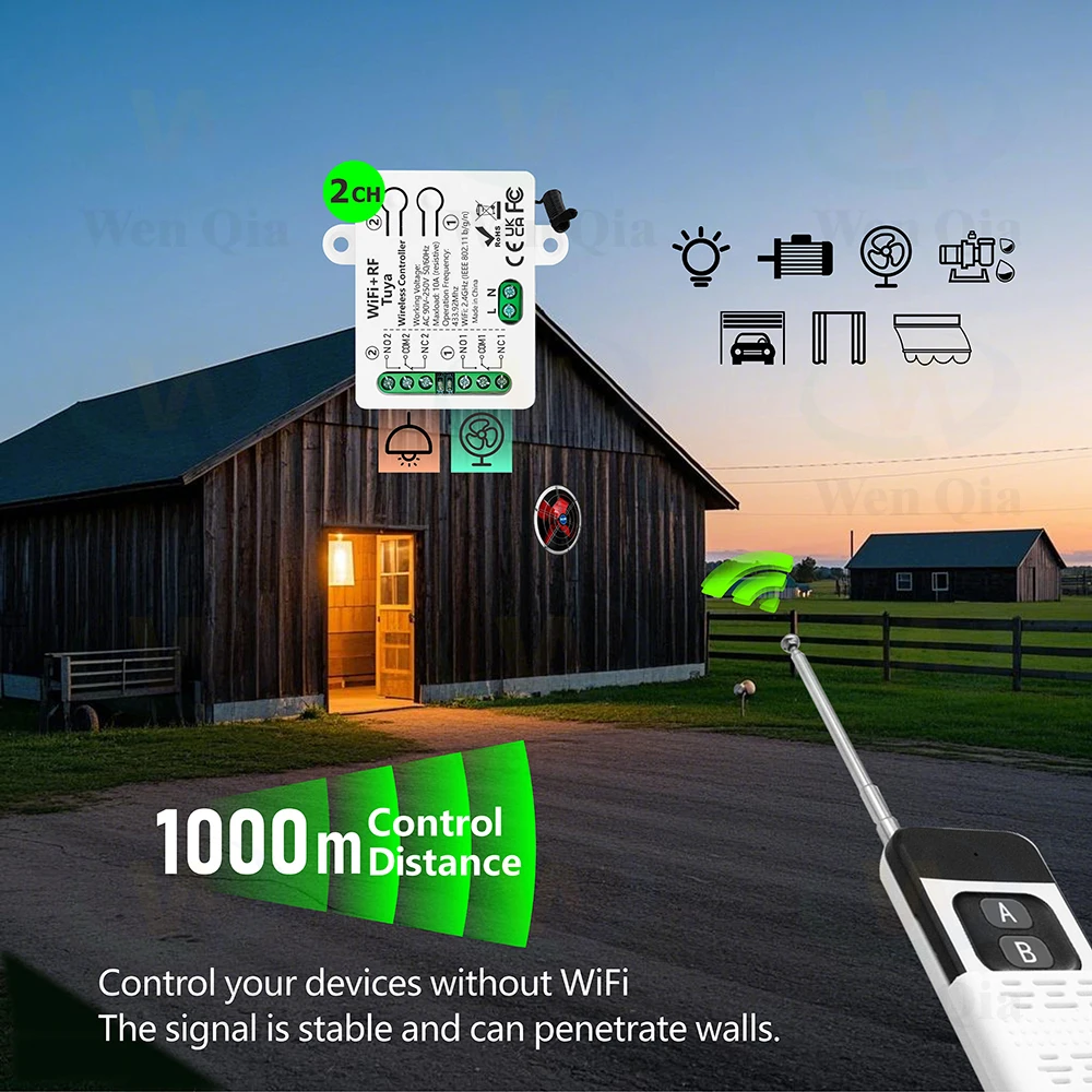 Tuya WiFi RF สมาร์ทมอเตอร์สวิทช์สวิทช์ไฟ 110V 220V 230V 10A 2 ช่อง 1000m Alexa Google Home, สําหรับโคมไฟมอเตอร์พัดลม