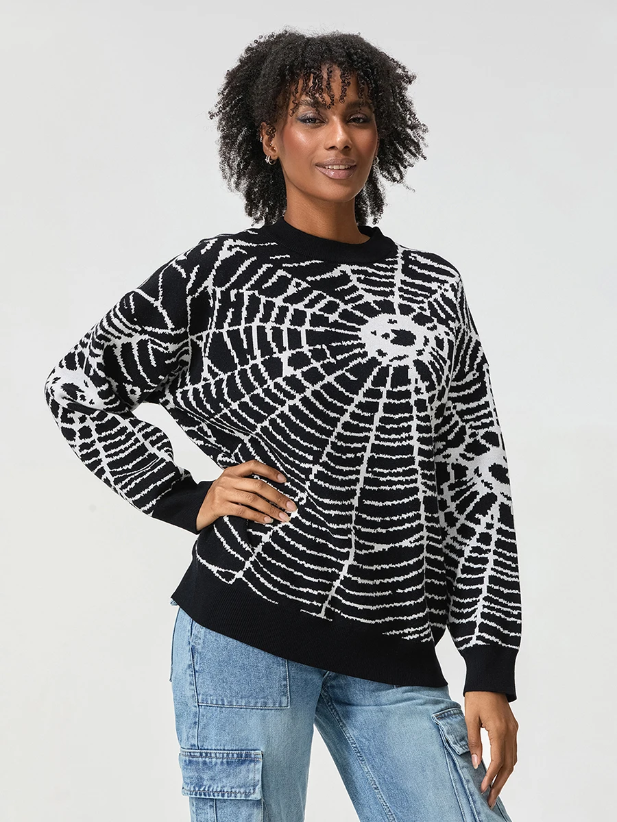 Damen Herren Pullover mit Rundhalsausschnitt, langärmelig, Spinnennetz-Pullover, Strickoberteil für den lässigen Alltag in der Herbstsaison