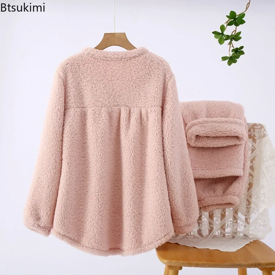 2024 Women's Thick Warm Flannel Pajama Sets for Autumn Winter Simple Leisure 2PCS Tops and Pants Sets Sleepwear Female Homewear