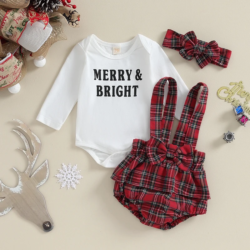 

2023-09-04 Lioraitiin 0-18M Newborn Baby Girls Christmas Outfits Long Sleeve Letter Romper Suspender Shorts Headband Set