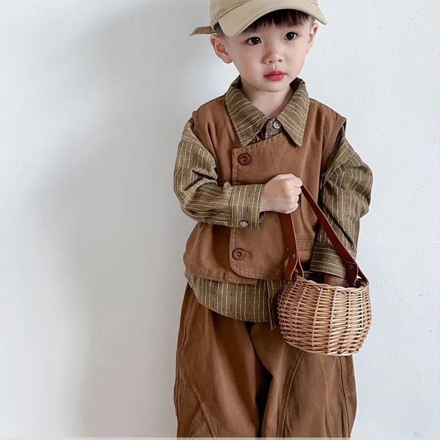 Jungen Bekleidungssets 2026 Herbst Frühling Kinder Vintage Weste Hemd 3-teiliger Anzug Koreanischer Stil Baby Jungen Outfits
