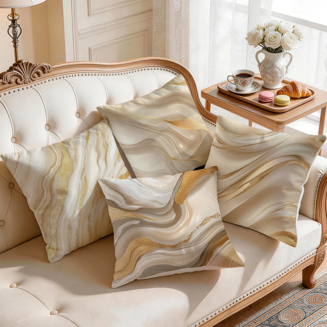 1pcs/4pcs Beige Golden Marble Cushions Pillowcase Polyester Cushion Cover Throw Pillow Pillowcover Home Car Sofa Decor - view 2