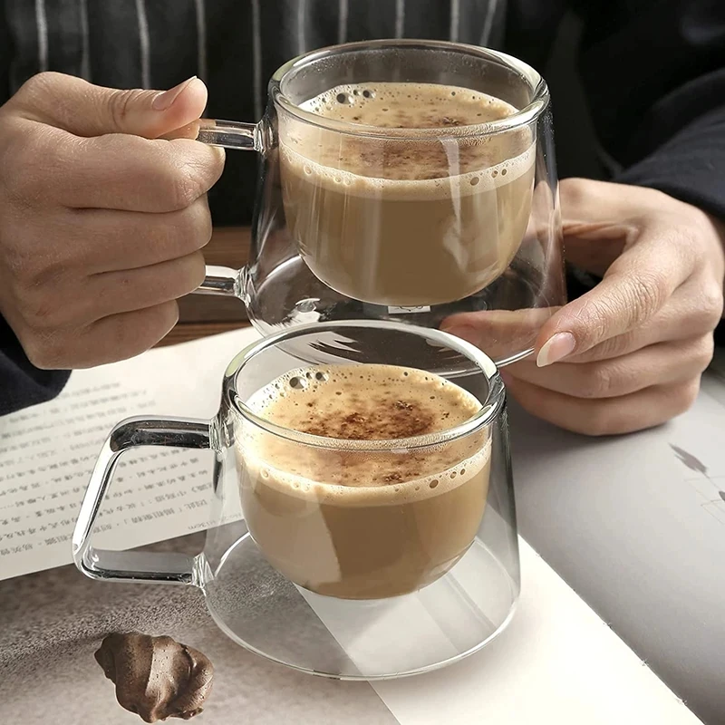 YWDL 1/2PCS180ml Double Wall Insulated Glass Coffee Mugs With Handle Clear Espresso Cups Home Mug For Milk Latte Cappuccino