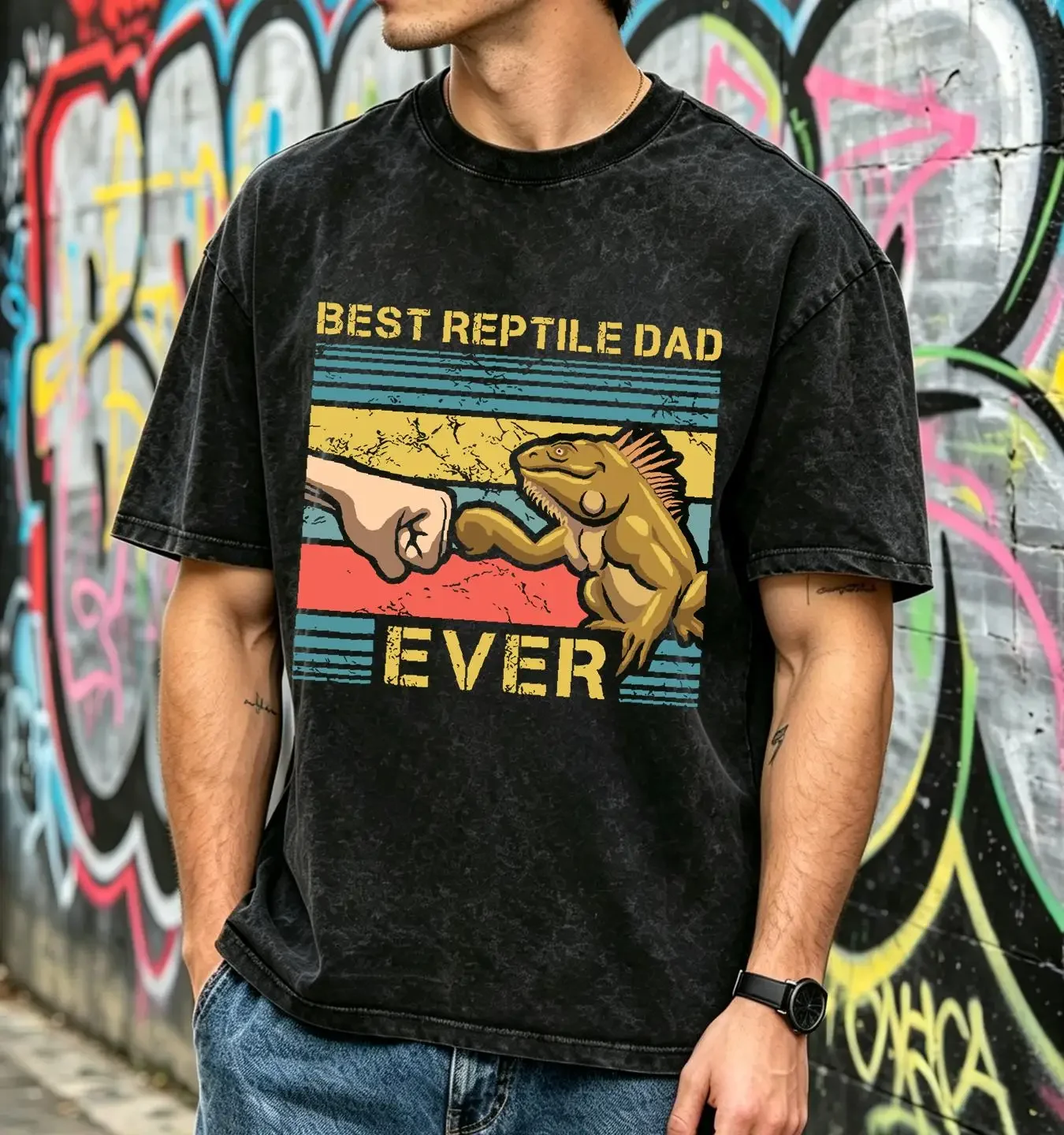 washed T Shirt Mens Iguana Dad Funny Lizard Father Reptile Animal  vintage Washed Breathable Versatile Comfortable Slightly