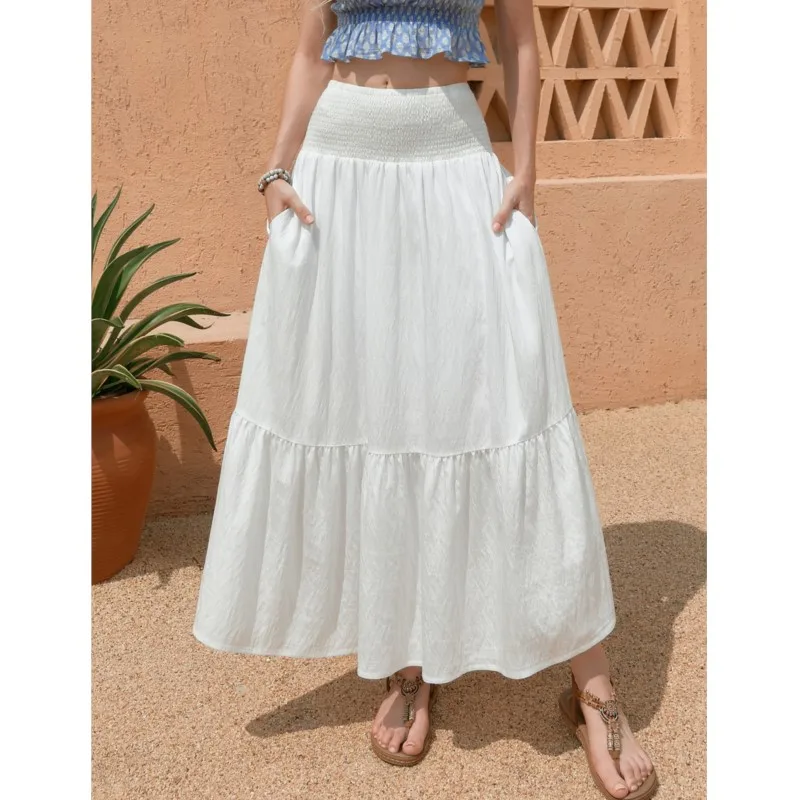 New High Waisted Stretchable Skirt Solid Color Pocket A Line Long Skirt For Women