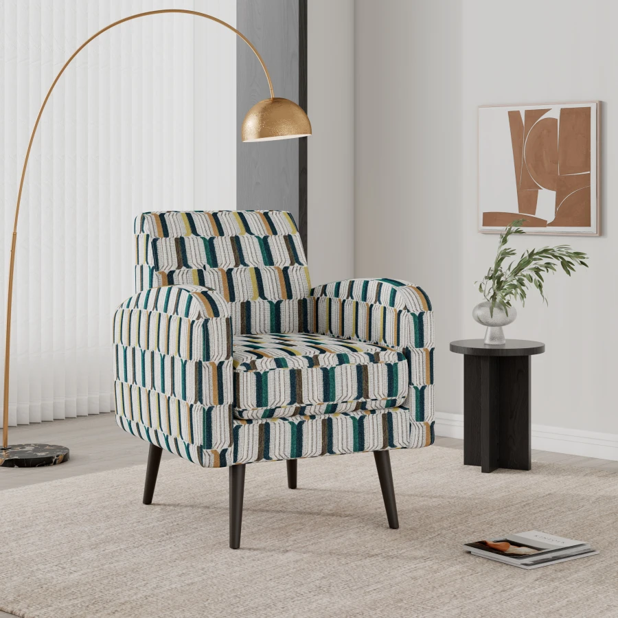 Darien Accent Arm Chair in Yellow, Olive and Navy Stripe Pattern with Dark Brown Solid Wood Legs For Living, Dining Rooms