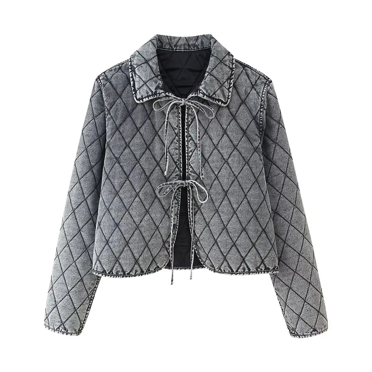 

Autumn Winter New Fashion Lace Up Women Casual Coat Retro Stone Mill Washed Female Denim Quilted Cotton Jacket