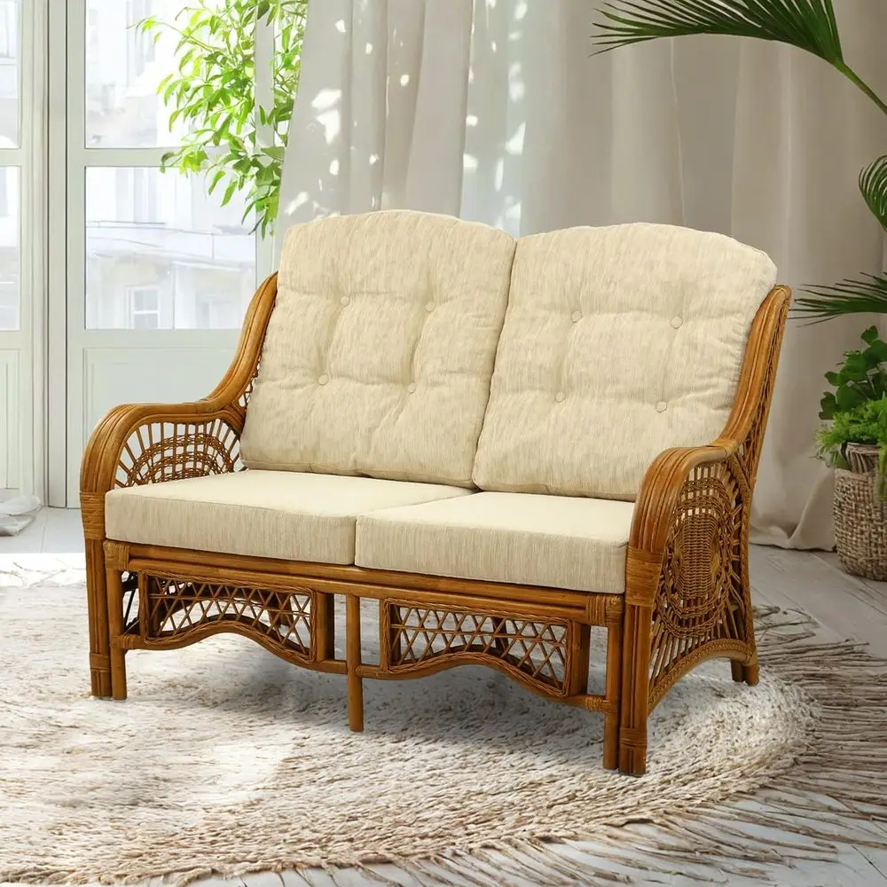 

Malibu Lounge Loveseat Soa Natural Rattan Wicker Handmade Design with Cream Cushions, Colonial Color
