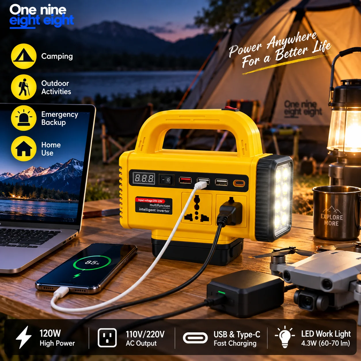 120W Portable Battery Power Inverter AC Outlet USB Type-C Charging Adapter with LED Work Light for Outdoor Camping Emergency