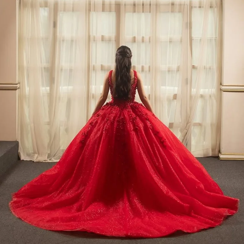 Personalizado brilhante vermelho quinceanera vestidos fora do ombro applique beadwork flor tull cauda longa vestido 15 quinceanera