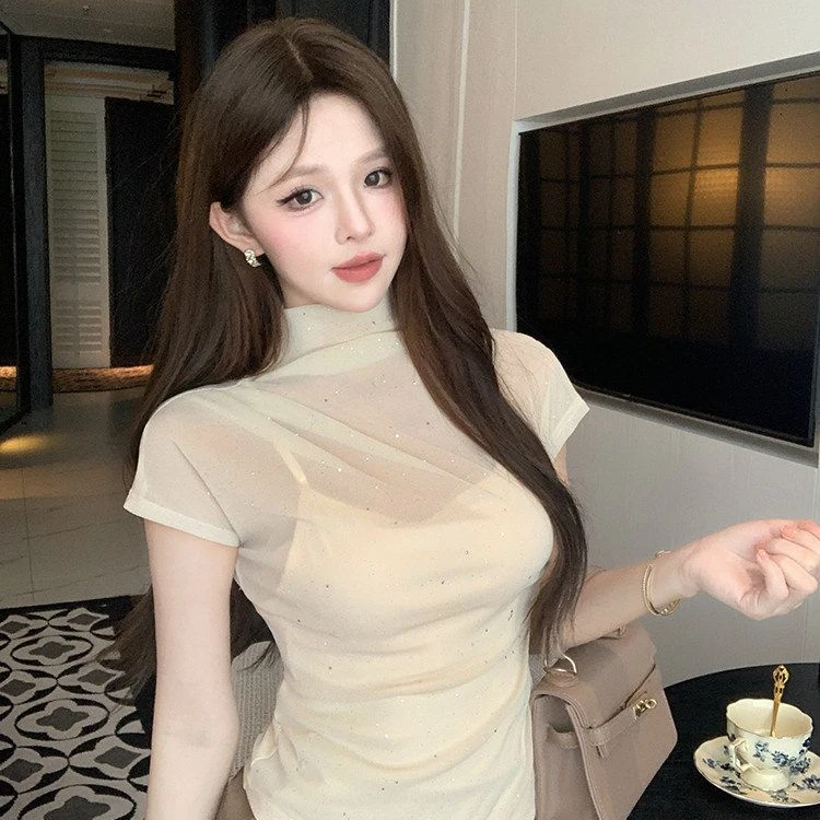 Elegant Lace Halter Short Sleeve T-Shirt Women's Summer New Korean Style Salt System Slimming Glitter Commute Top
