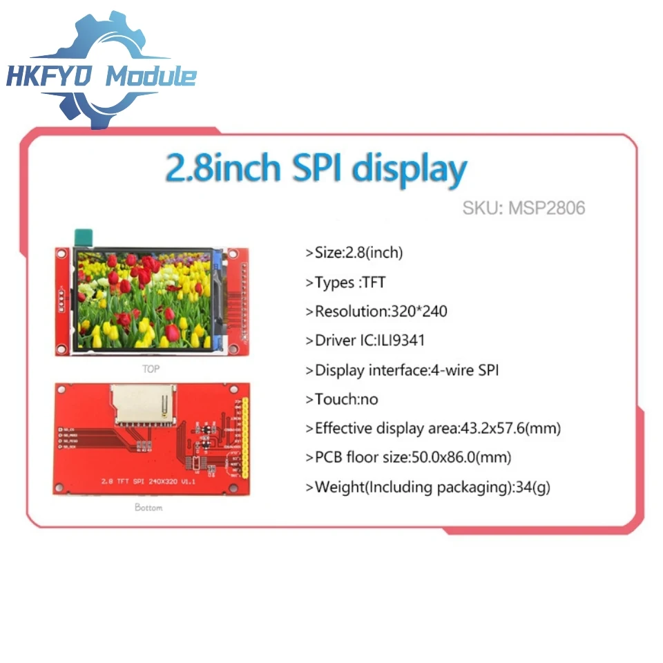 Módulo LCD TFT de 2,8 polegadas 240x320 Interface SPI Driver ILI9341 com painel de toque resistivo e luz de fundo LED branca