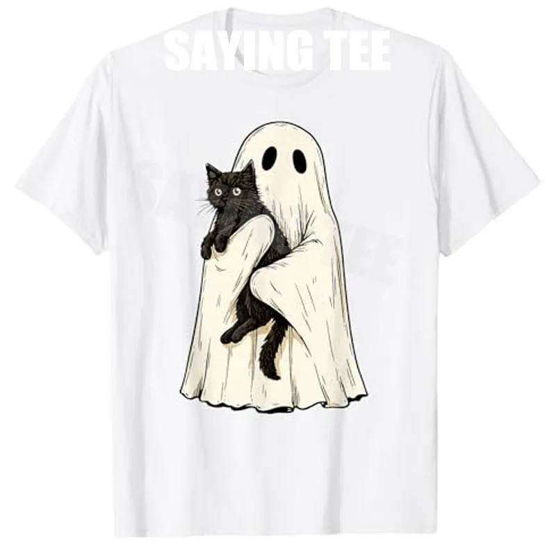 

Vintage Halloween Ghost Holding Black Cat Men Women T-Shirt Spooky Vibes Y2k Cat Lover Graphic Outfit Novetly Gift Short Sleeve