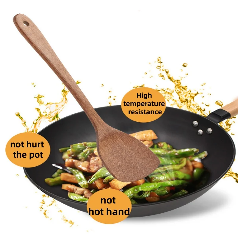 1pc Wooden Spatula Wood Rice Spoon Long Handle Flat Frying Turner Spatula Soup Ladle Cooking Utensil Nonstick Pan Kitchen Tools