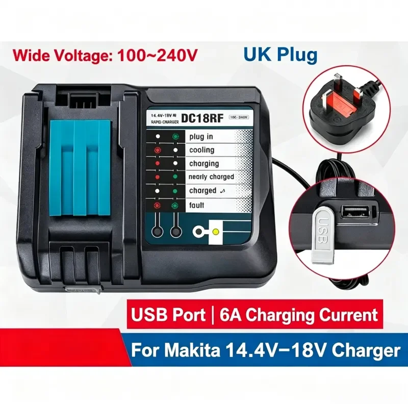6A Rechargeable Lithium‑ion Battery Charger DC18RF For Makita 14.4V‑18V With USB Port
