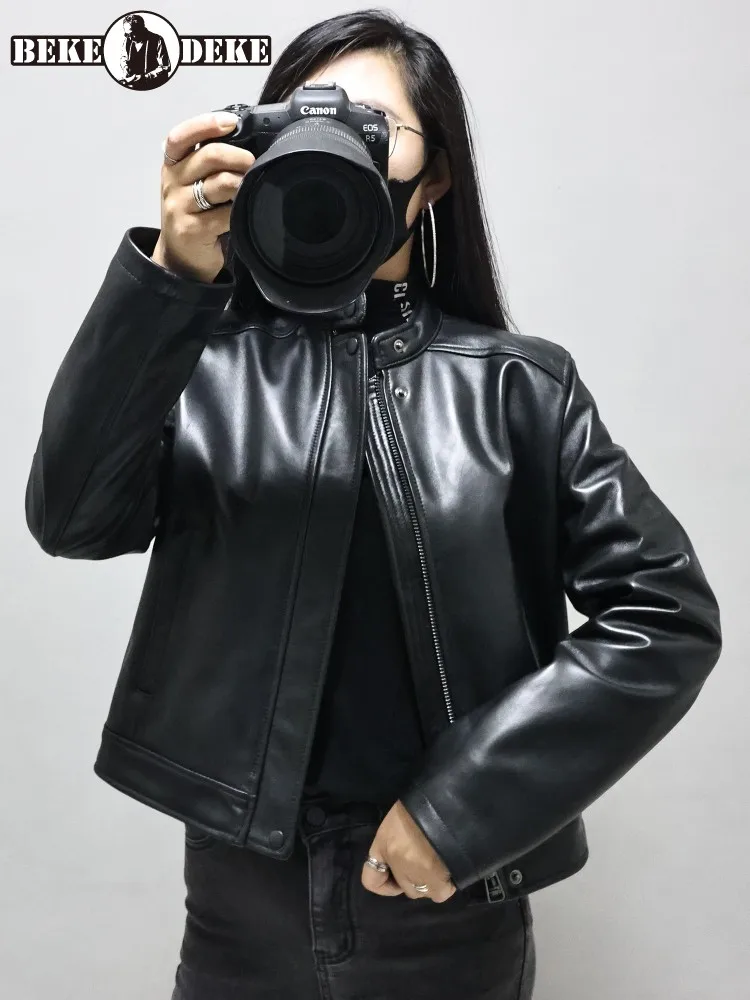 

Spring Autumn Women Motorcycle Biker Sheepskin Genuine Leather Jacket Stand Collar Loose Fit Short Style Coat Punk Style Outwear