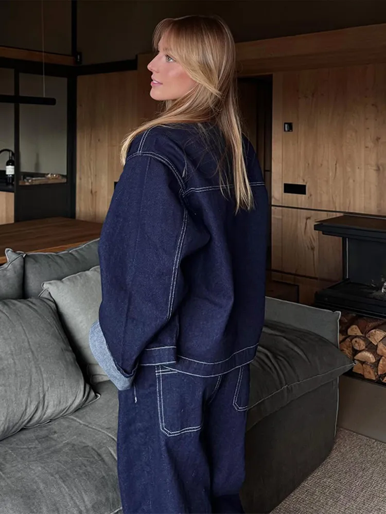 التلبيب سستة جيوب الدنيم الستر معاطف السراويل 2 قطعة مجموعات فضفاض طويلة الأكمام الصلبة القمم الجينز الدعاوى شارع العليا ملابس غير رسمية #4