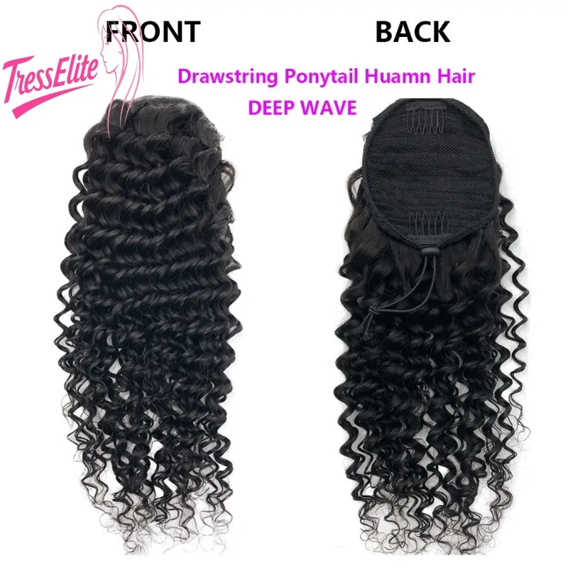 

100% Human Hair Deep Wave Wig with Adjustable Drawstring Ponytail - Realistic Curly Texture Natural Volume Easy Adjustments