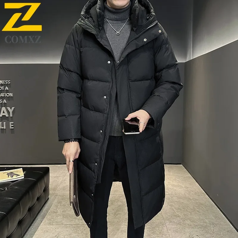 COMXZ Casual Hooded Men Down Jacket Commuting Office Thick Warm Parka Pure Color Exploration Cold Protection Winter Down Coat