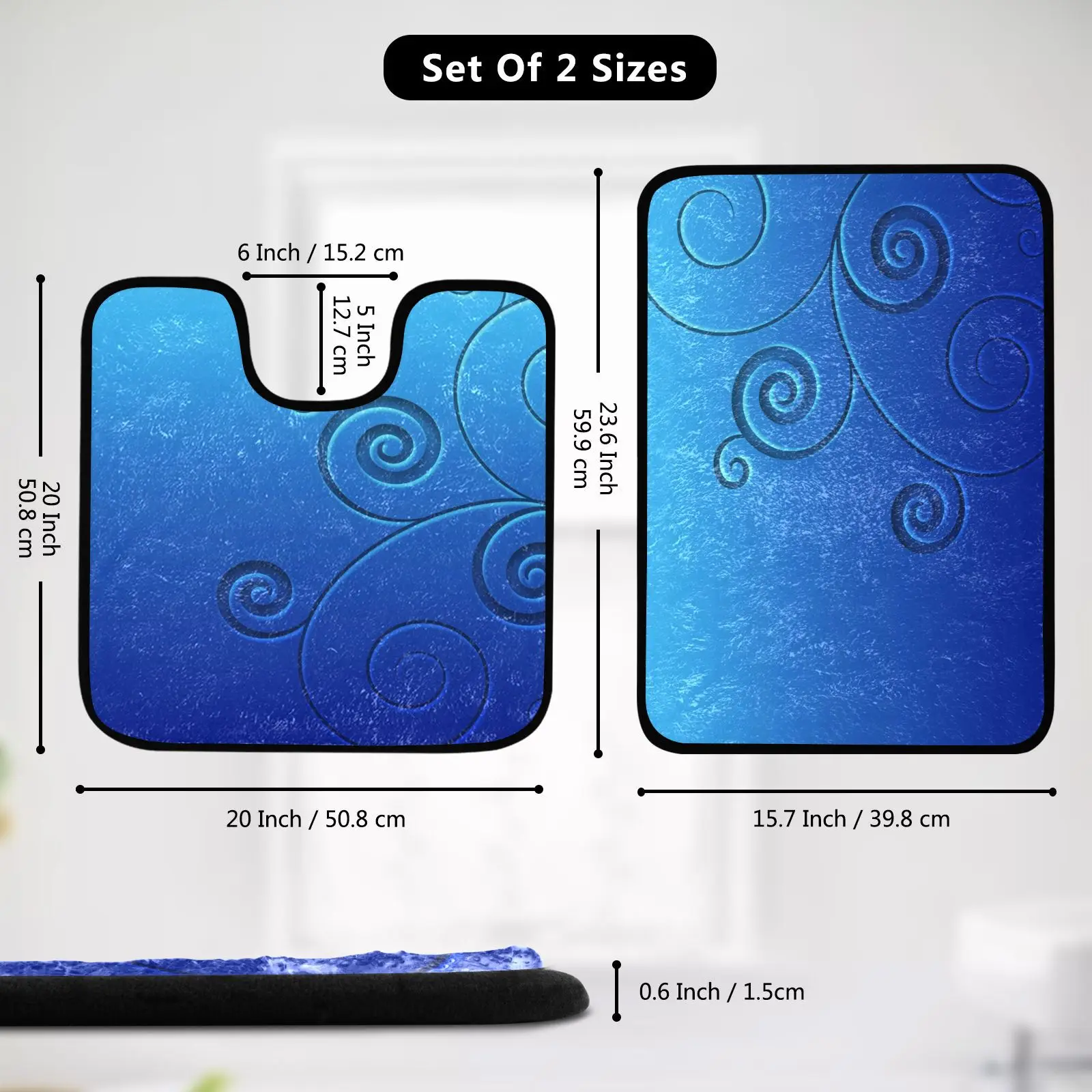 Blue printBathroom matsNon-Slip Bath Mat and Toilet Mat Bathroom Rug Set Soft Bath Mat with Washable Bath MatsBath set of 2