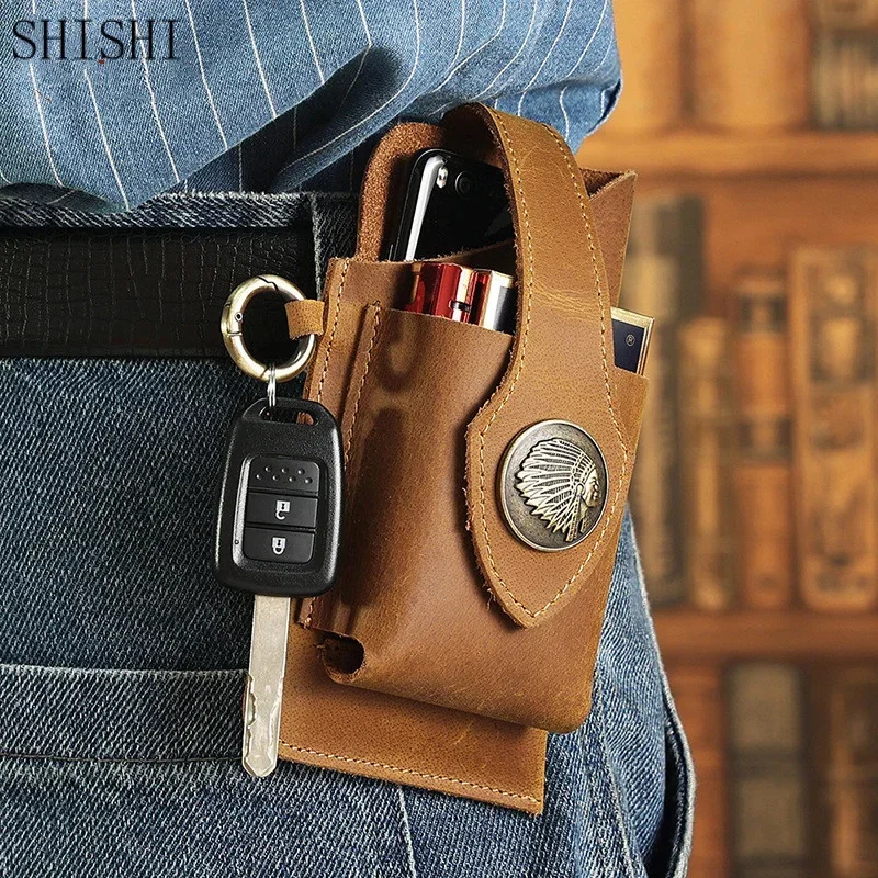 Luxury Genuine Leather Men Business Belt Bag Cell Phone Cigarette Lighter Box Outdoor Sport Waist Packs For Male