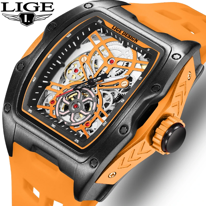 LIGE Square Casual Sports Fashion Luxury Mechanical Man Watch Hollow Gear Waterproof Luminous Business Automatic Watches for Men