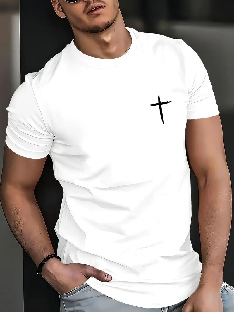 Men's Short Sleeve T-Shirt Cross Sword Design Lightweight Comfortable Fabric Casual Round Neck Summer Outdoor Machine Washable