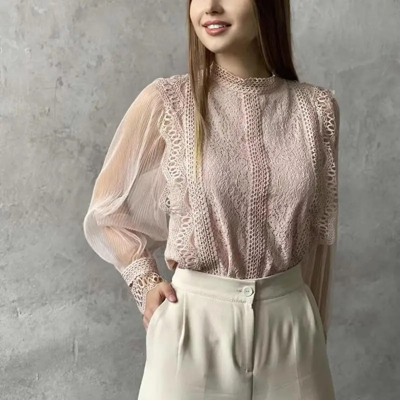 قميص نسائي بأكمام طويلة من الدانتيل الشبكي، بلوزة يانغلين بأسلوب عملي، أكمام منتفخة، مصنوع من ألياف البوليستر بلون واحد، ربيع...