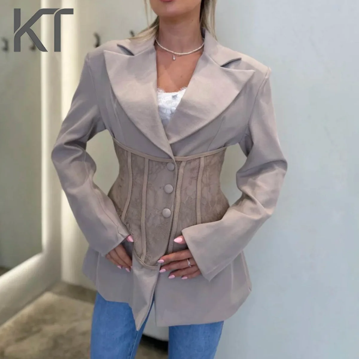 

Новый женский элегантный блейзер KT 2026 с многоцветными вставками, корсетным поясом, кружевной отделкой и отложным воротником, с длинными рукавами, для офиса