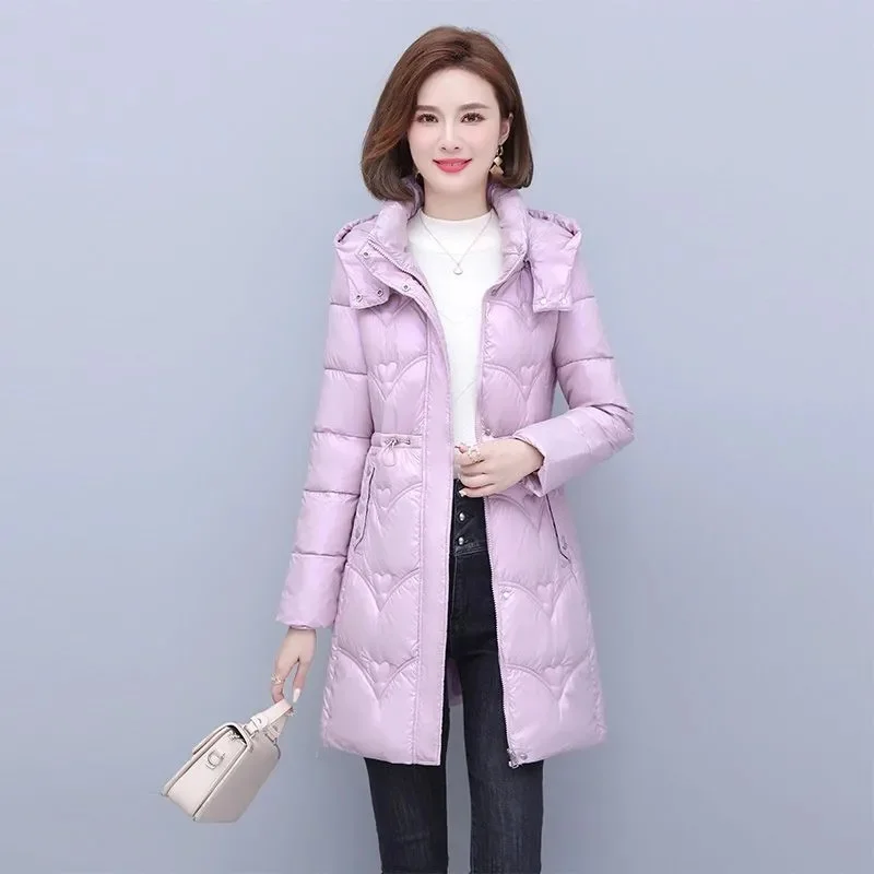 

Wash-Free Glossy Down Coat Women Parkas Long Section Winter 2023 New Slim Cotton-Padded Jacket Thick Outerwear Hooded Tide Tops