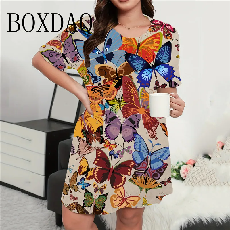 Décontracté Printemps Été Femmes Robe Douce Couleur Papillon Imprimer Mini Robe 2024 Mode À Manches Courtes At A-ligne Robes XXS-3XL