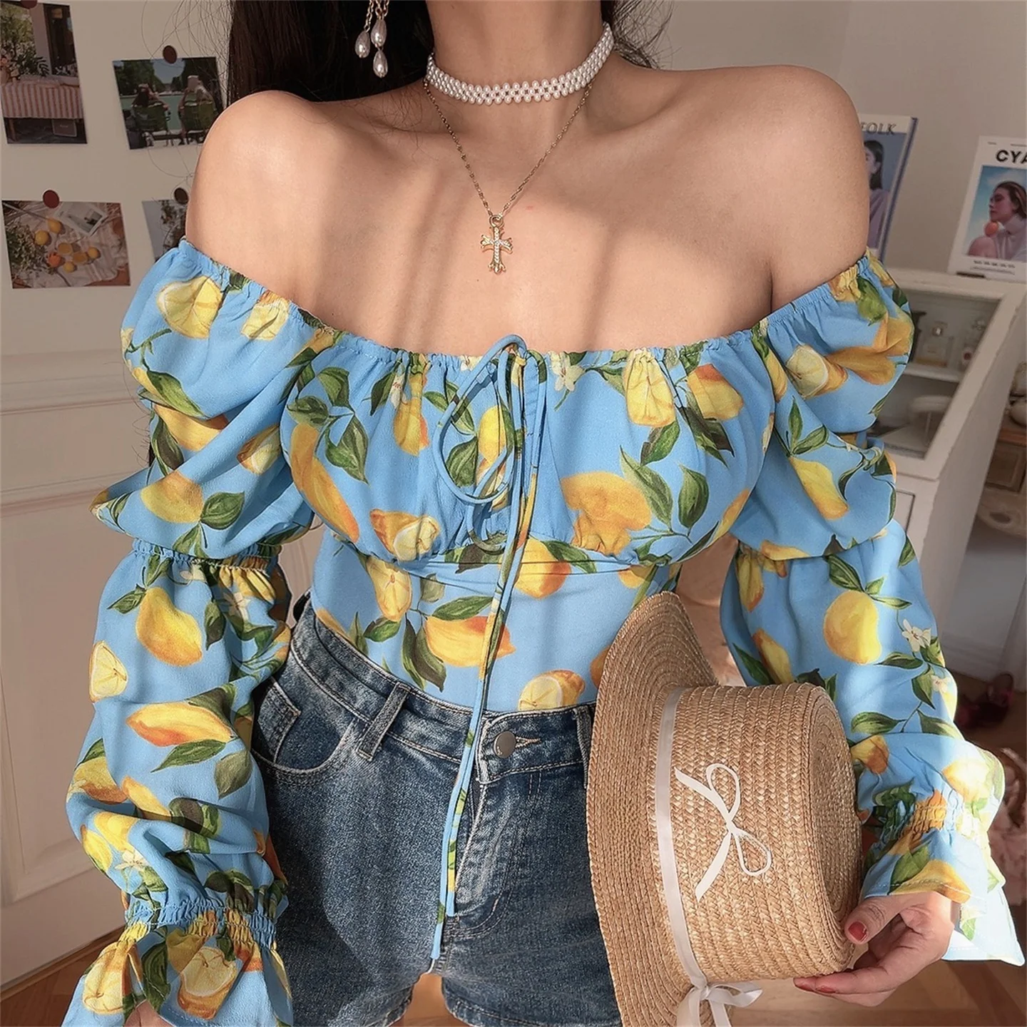 

French Style Drawstring Lantern Sleeve Square Collar Floral Print Holiday Shirt Women's Slim Fit Polyester Long Sleeve Shirt