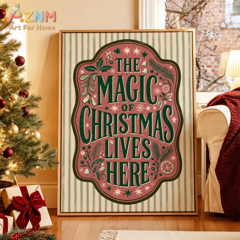 Retro The Magic of Christmas Lives Here Canvas Wall Art Vintage Striped Festive Decor Xmas Wall Print Unframed Canvas Poster