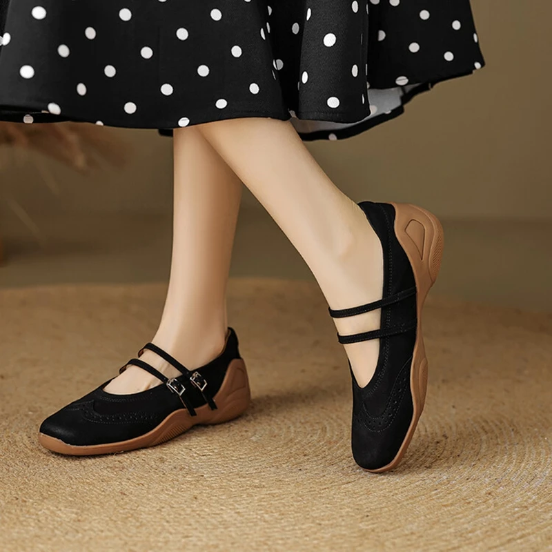 NEW Spring/Autumn Women Pumps Square Toe Increased Internal Shoes Genuine Leather Shoes for Women Black Buckle Mary Janes Shoes