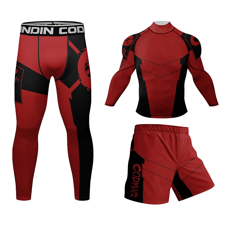 Cody Lundin Men's Red-Black Quick Dry Training 4 PCS/Set Compression Rashguard Leggings Shorts for BJJ MMA Muay Thai Workout
