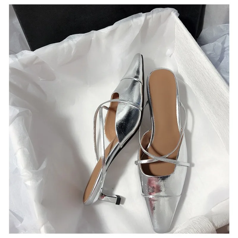 جديد إمرأة Slingback أحذية أنيقة ميد كعب ساحة تو السيدات عالية الكعب النعال موضة الانزلاق على صندل البغال Zapatos De Mujer #6