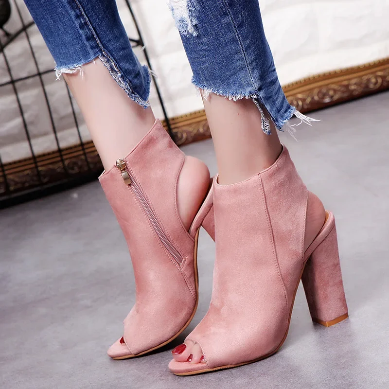 Spring Summers Ankle Boots Faux Suede Leather Casual Open Peep Toe High Heels Zipper Fashion Black Shoes for Women Botines Mujer