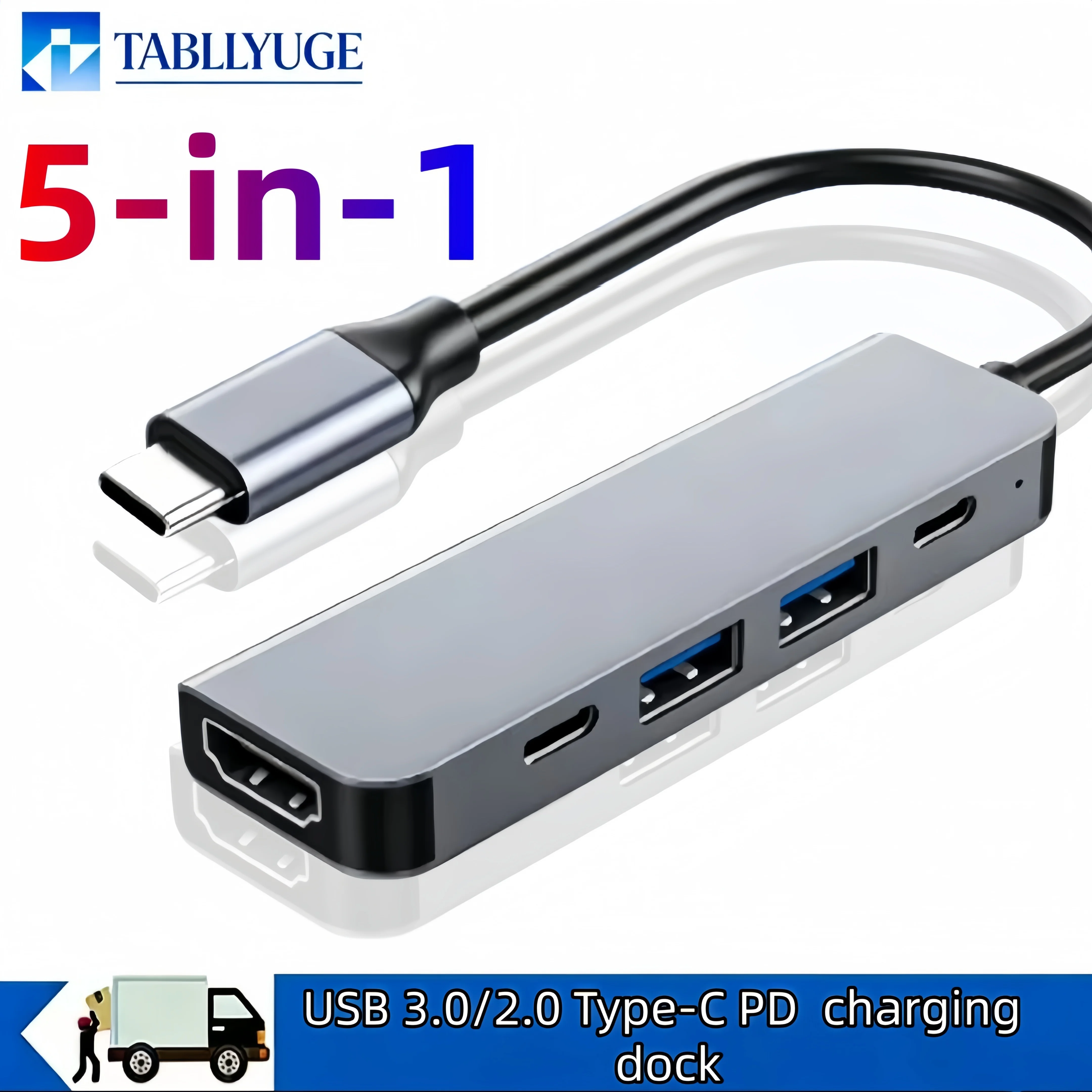 Hub USB-C 5 em 1 / Adaptador Multiportas de 7 Portas com Entrada Dupla Tipo-C, Estação de Ancoragem USB 3.0 e Carregamento PD para Laptop, Notebook e Macbook