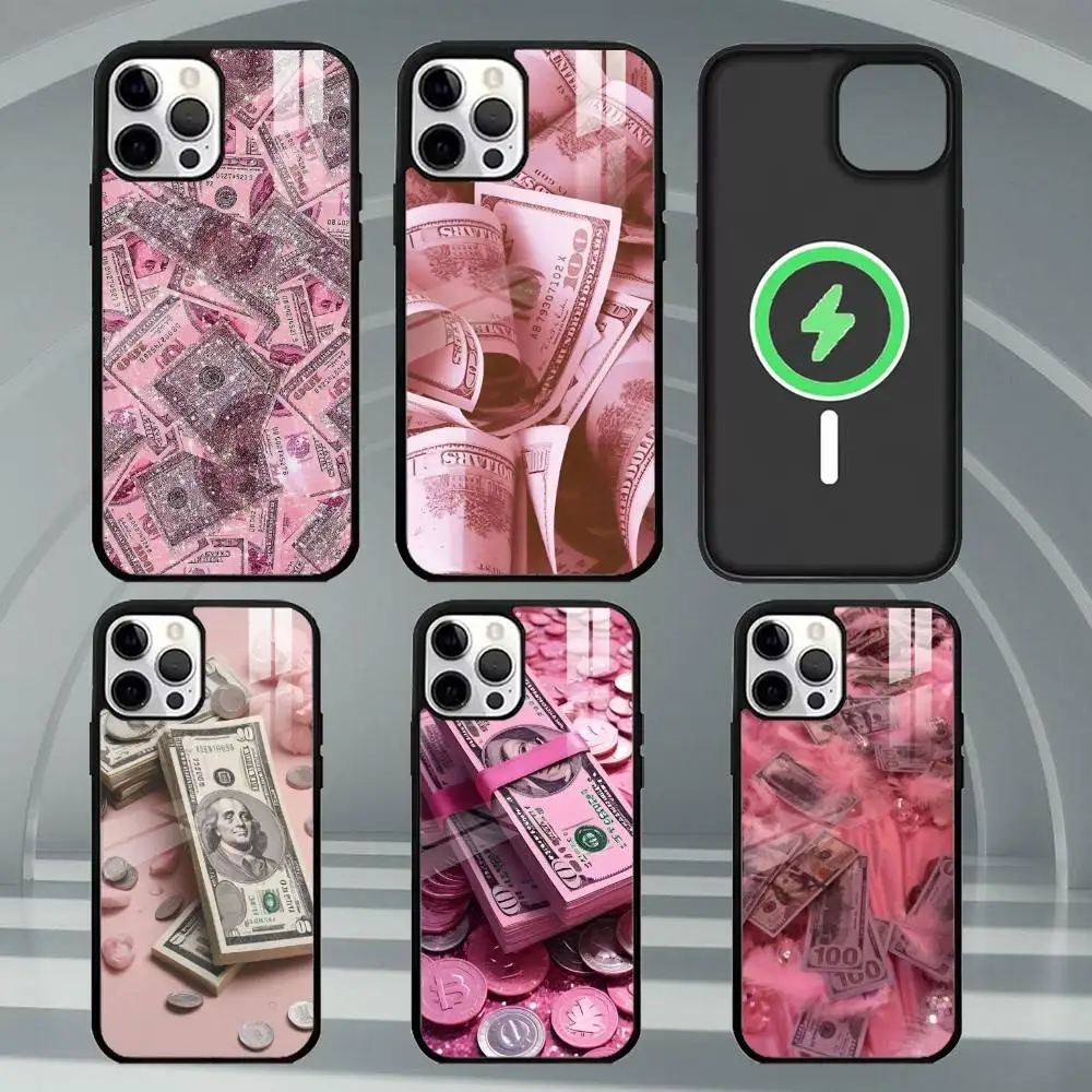 

P-Pink D-Dollars Banknote Phone Case For iPhone17,16,15,14,13,12,11 Plus,Pro Max Magnetic For Magsafe Wireless Charging