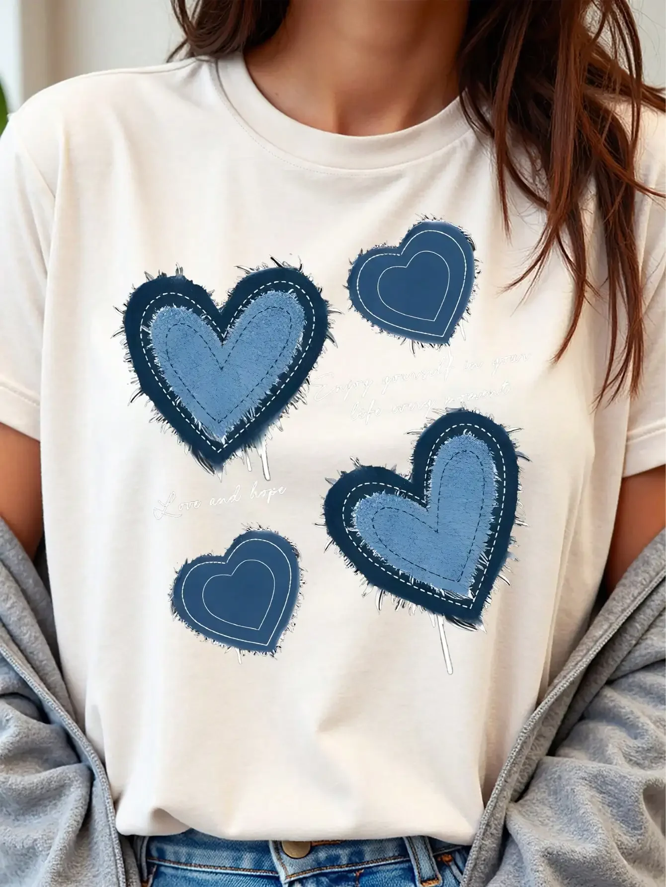 

American Women's Blue Heart Printed Round Short Sleeve T-shirt Summer Y2K Suitable for Daily Casual Street Clothing Tops