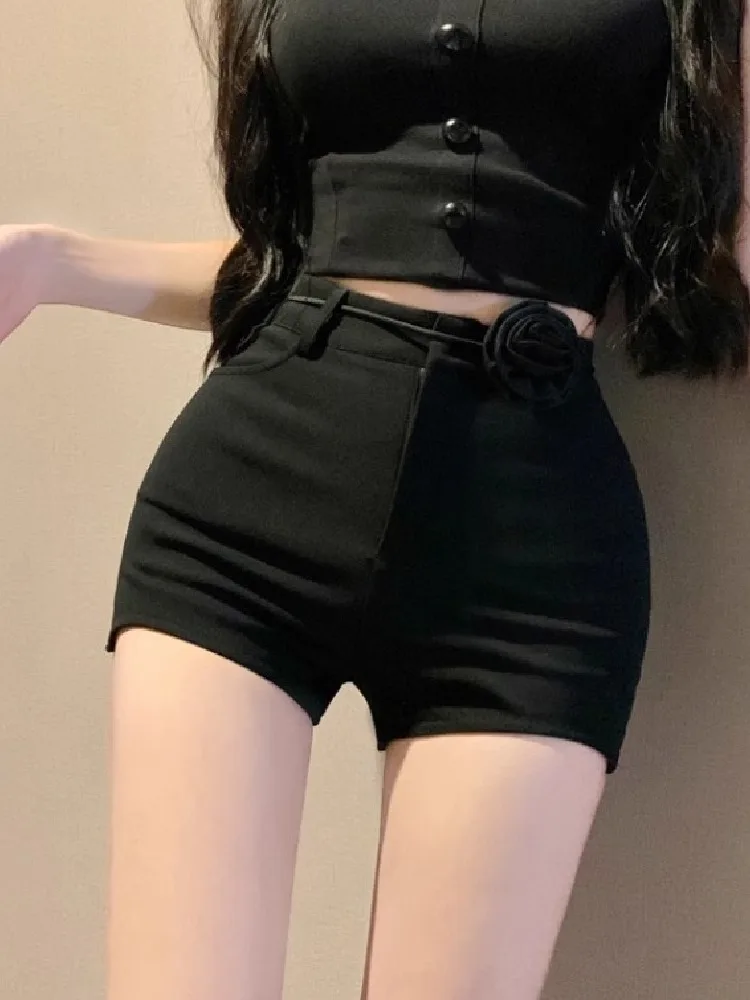 Ezgaga Shorts donna Rose Flowers Sexy Slim Wrap Hip Solid Summer Fashion Solid Hot Shorts Elegant Ladies Streetwear Black